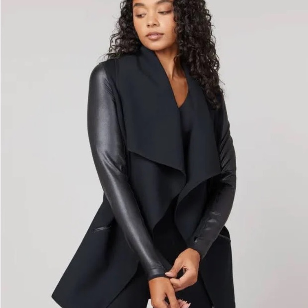 Spanx Black Women's Drape Front Jacket  Faux Leather Sleeves